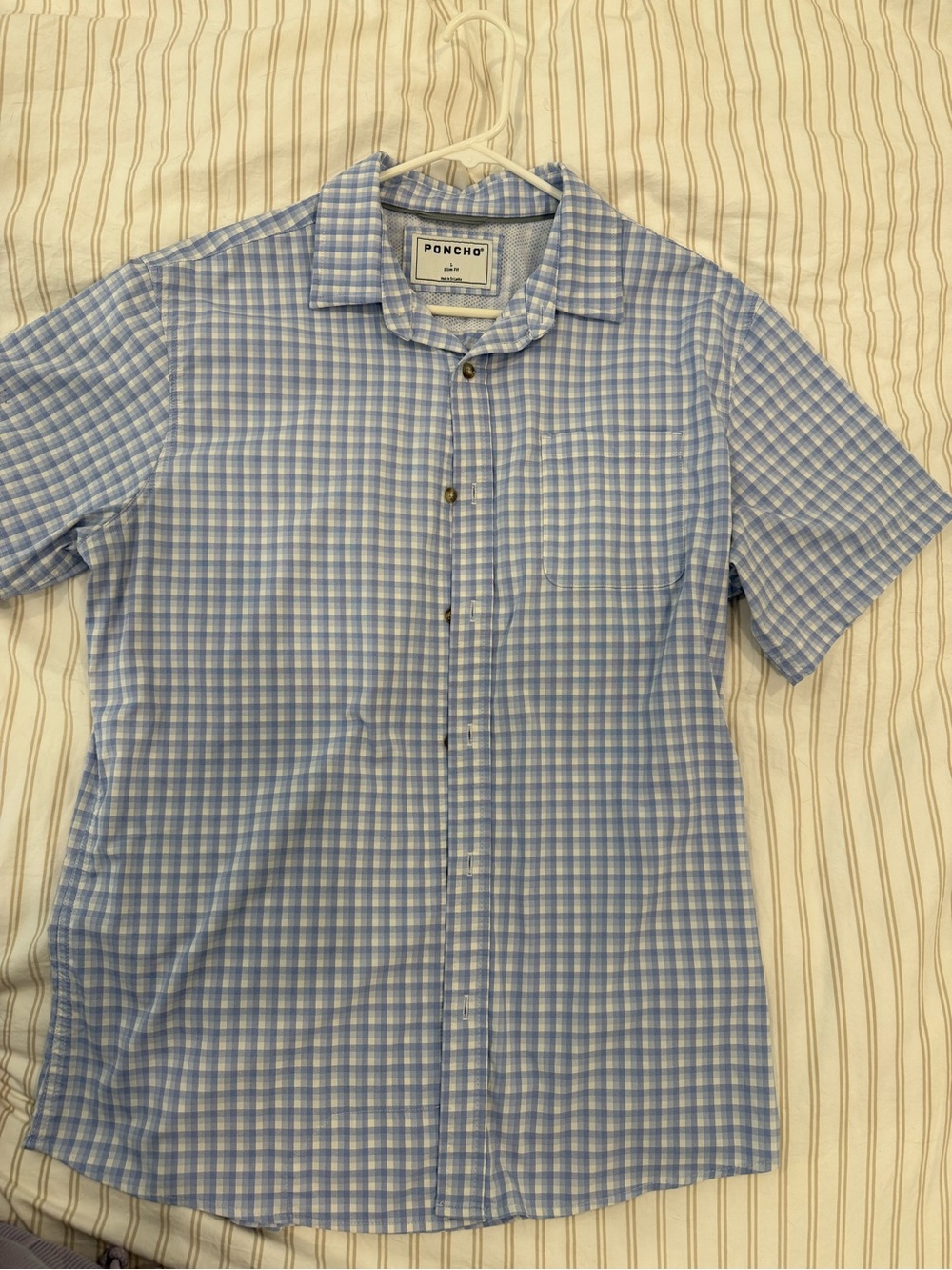 Poncho Men's Light Blue Check Short Sleeve Button-Down Shirt